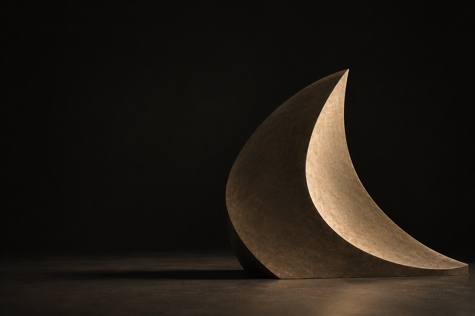 A bronze crescent-shaped sculpture, lit from the side against a dark background