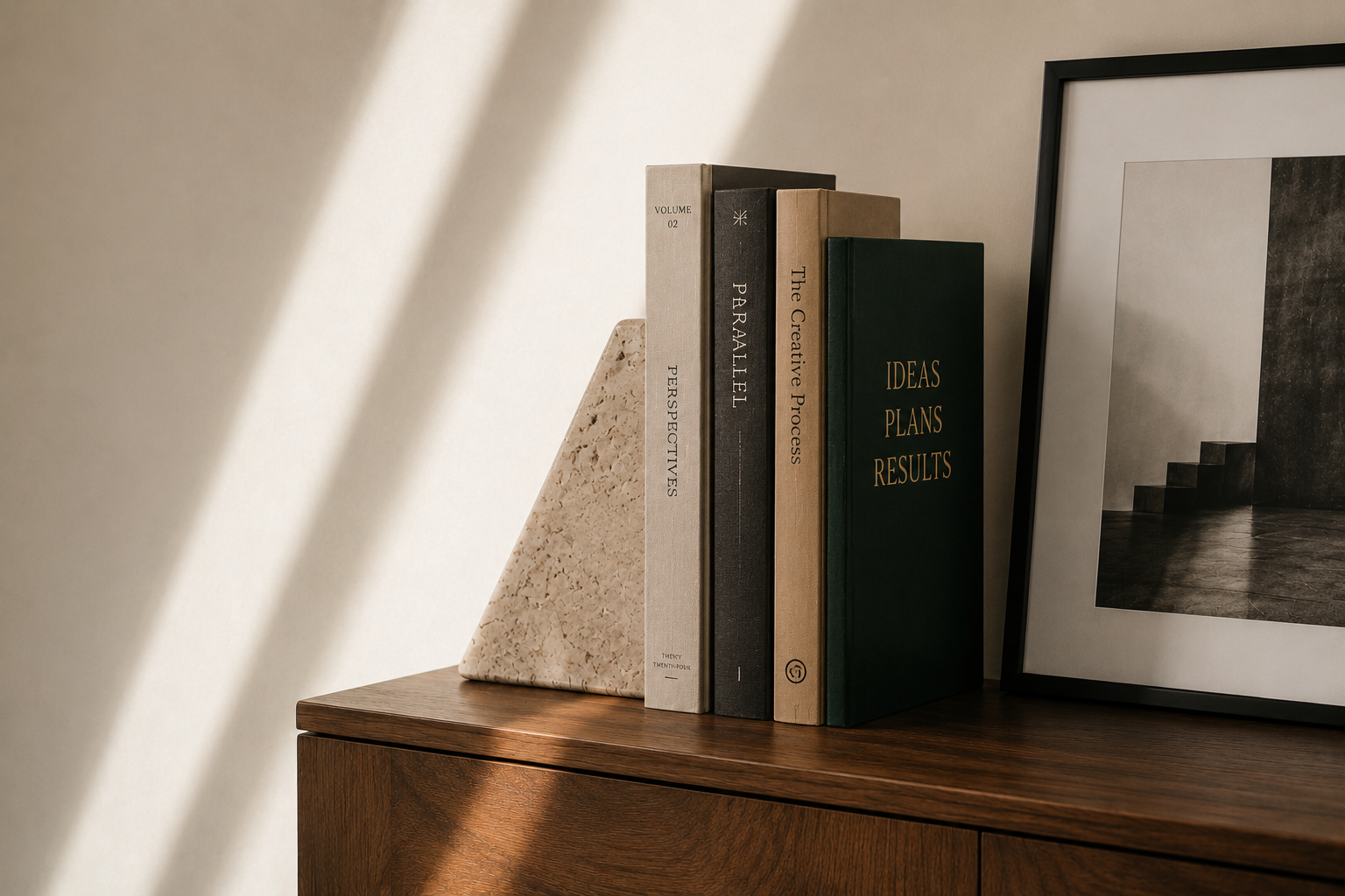 A stack of hardcover books, including one titled Ideas Plans Results, resting on a wooden console table beside a framed photograph.
