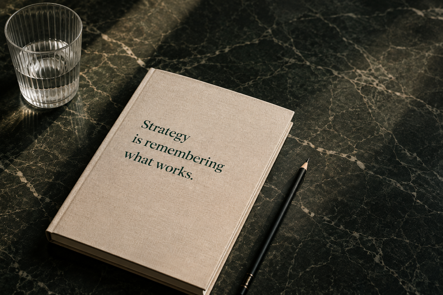 A notebook embossed with the words Strategy is remembering what works, resting on a dark marble surface beside a glass of water and a pencil.